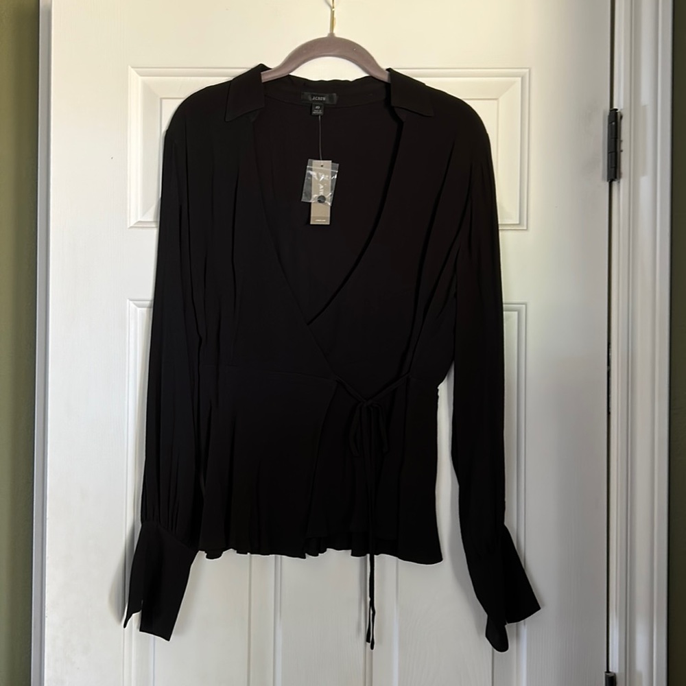 NWT J Crew black wrap top with collar and button sleeves